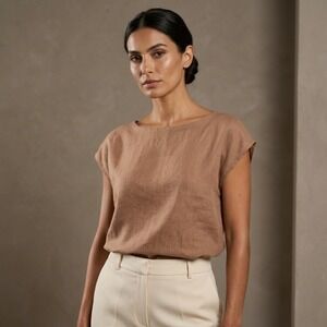 FILOSOFIA Women Linen Boxy Top L Brown 100% Linen Coastal Minimalist New